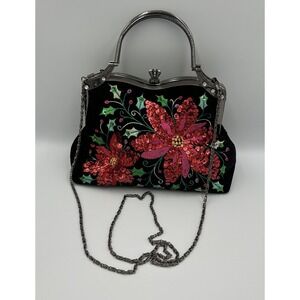 Vintage VENDULA Purse Black Velvet Rhinestones Sequins‎ Poinsettias